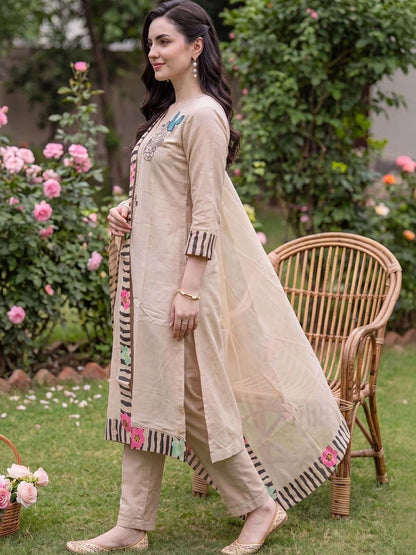 Women Floral Embroidered Regular Thread Work Kurta with Trousers & With Dupatta