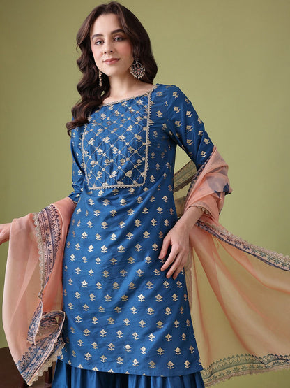 Dhiyona AN Floral Foil Printed Gotta Patti Detail Kurta with Sharara & Dupatta