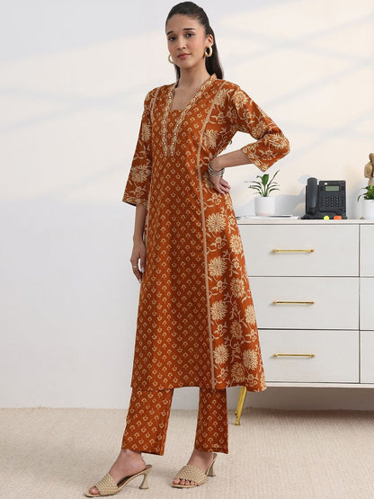 Libas Rust Floral Print A-Line Suit Set with Dupatta