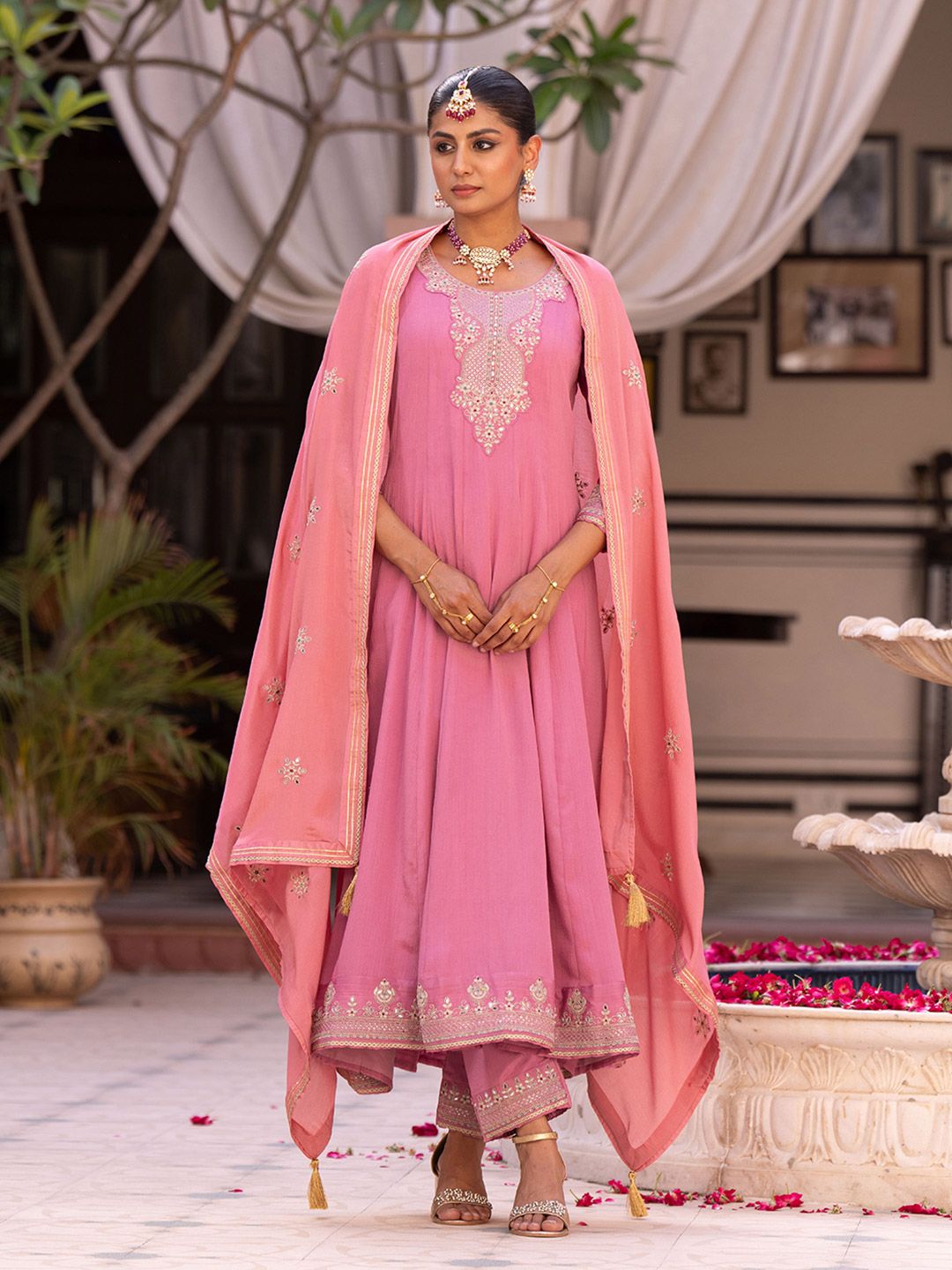 Dhiyona CH Women Ethnic Motifs Self Design Pleated Mirror Work Kurta with Trousers & Dupatta