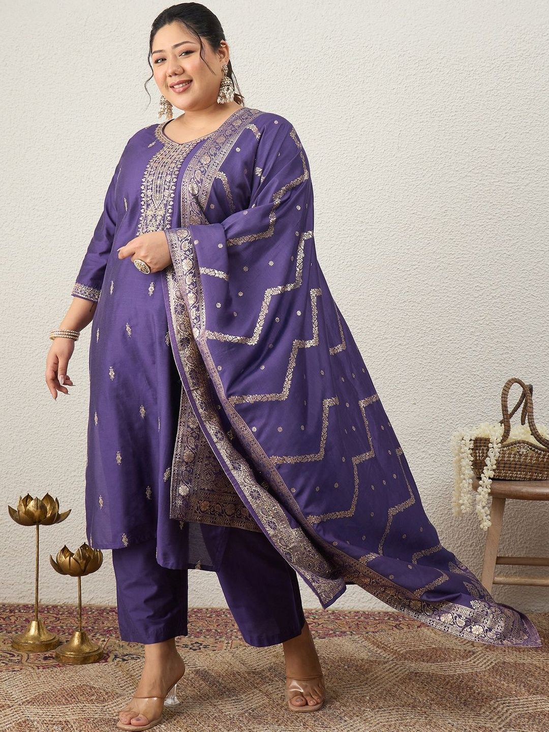 Dhiyona Women's Ethnic Motifs Embroidered Regular Kurta with Trousers & With Dupatta