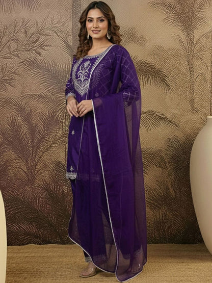 Dhiyona SN Embroidered Round Neck Straight Kurta & Palazzos With Dupatta
