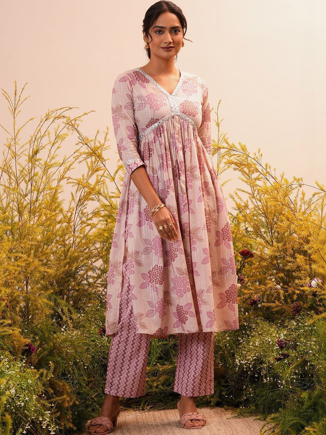 Women Floral Printed Empire Mirror Work Kurta with Trousers