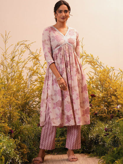 Women Floral Printed Empire Mirror Work Kurta with Trousers