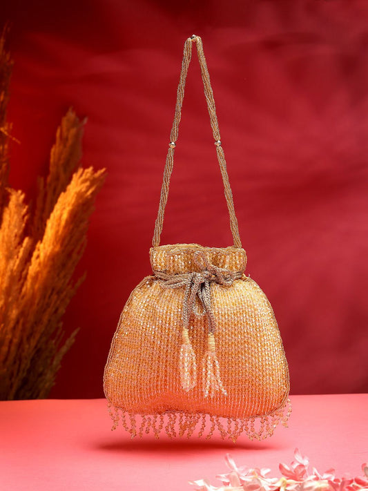 Dhiyona NR Dangle Gold Striped Embellished Faux Silk Potli