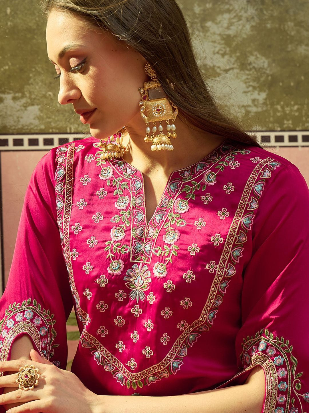 Embroidered Round Neck Kurta & Palazzos Kurta Set