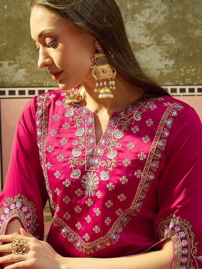 Embroidered Round Neck Kurta & Palazzos Kurta Set