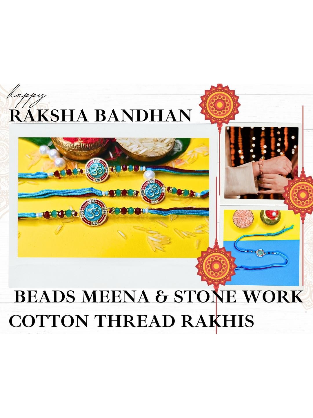 Dhiyona Set Of 3 Beaded Cotton Thread with AD Stones & Meenakari Designer Rakhi for Brother