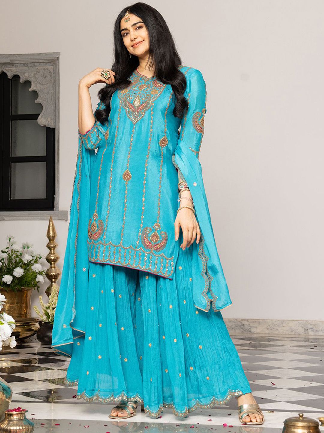 Dhiyona CH Embroidered Kurta with Plazzo and Dupatta