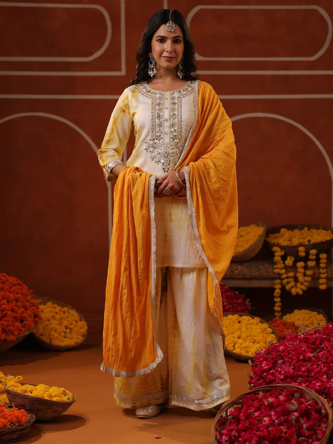 Dhiyona SC Women Bandhani Embroidered Thread Work Chanderi Silk Kurta & Sharara With Dupatta