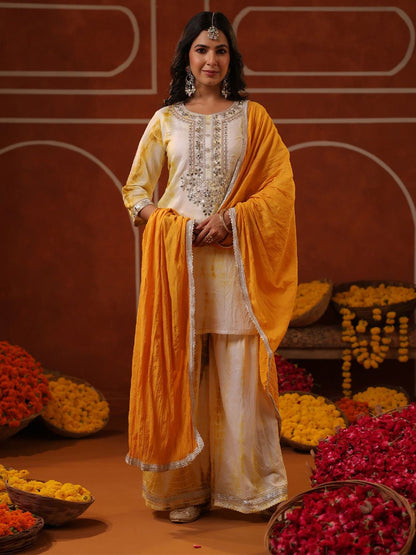 Dhiyona SC Women Bandhani Embroidered Thread Work Chanderi Silk Kurta & Sharara With Dupatta