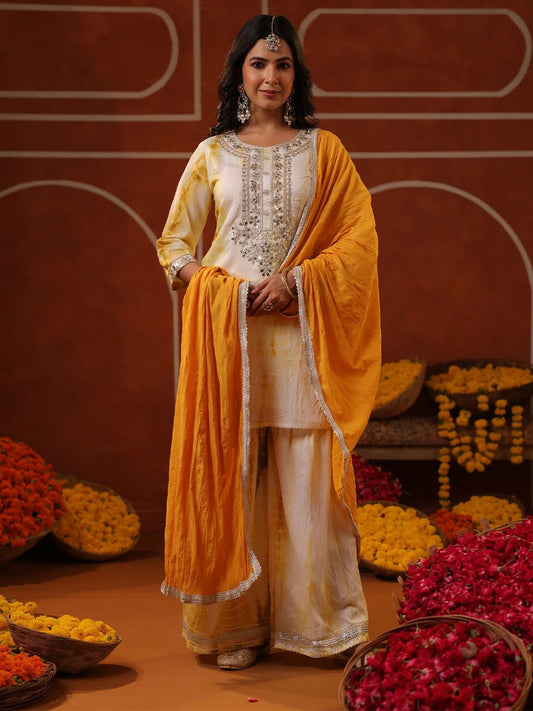 Dhiyona SC Women Bandhani Embroidered Thread Work Chanderi Silk Kurta & Sharara With Dupatta