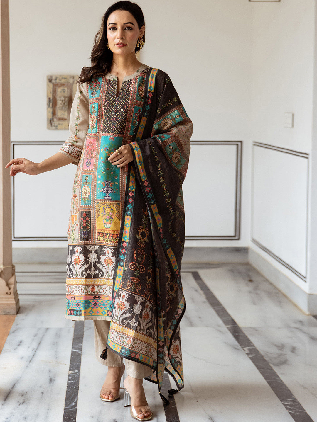 Ethnic Motifs Printed Mandarin Collar Modal Tissue Kurta & Trousers With Dupatta