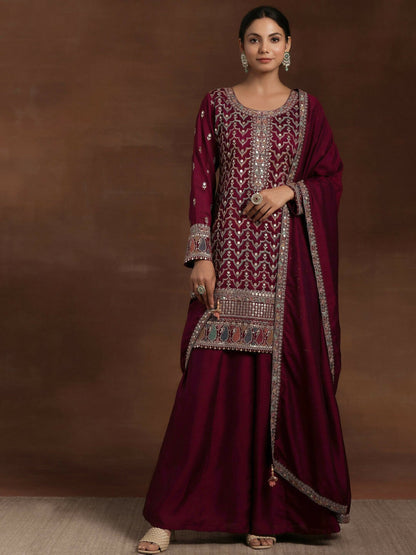 Women's LB Adaa Wine Embroidered Silk Blend Straight Kurta With Palazzos & Dupatta