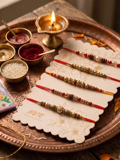 Dhiyona Set Of 5 Multicolor Designer Thread Rakhi With Roli Chawal Chandan Mishri