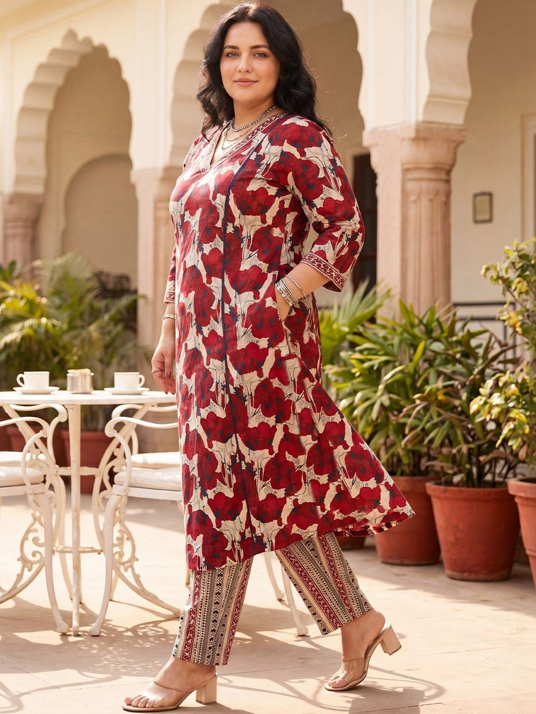 Plus Size Maroon Printed A-Line Kurta Trousers Set