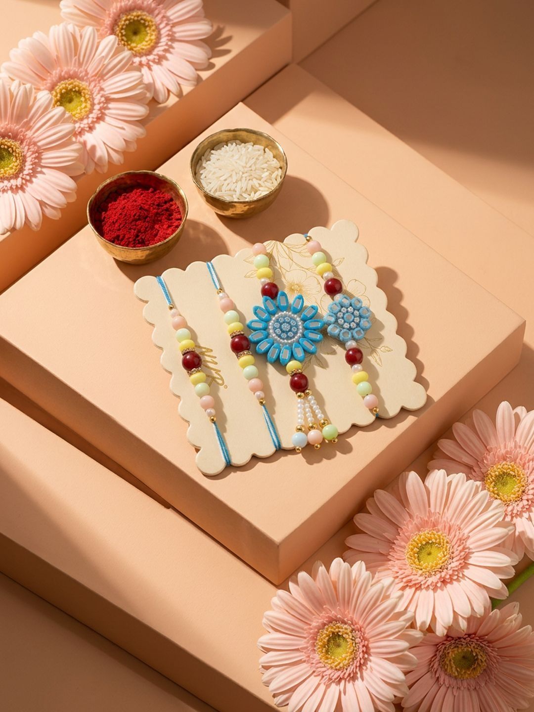 Dhiyona Set Of 4 Family Pack Beaded Thread Rakhi With Roli Chawal Chandan Mishri