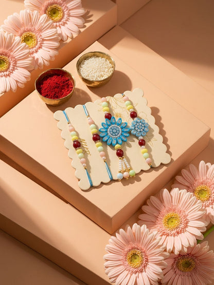 Dhiyona Set Of 4 Family Pack Beaded Thread Rakhi With Roli Chawal Chandan Mishri