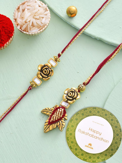 Dhiyona Gold-Toned Beaded Bhaiya Bhabhi Thread Rakhi