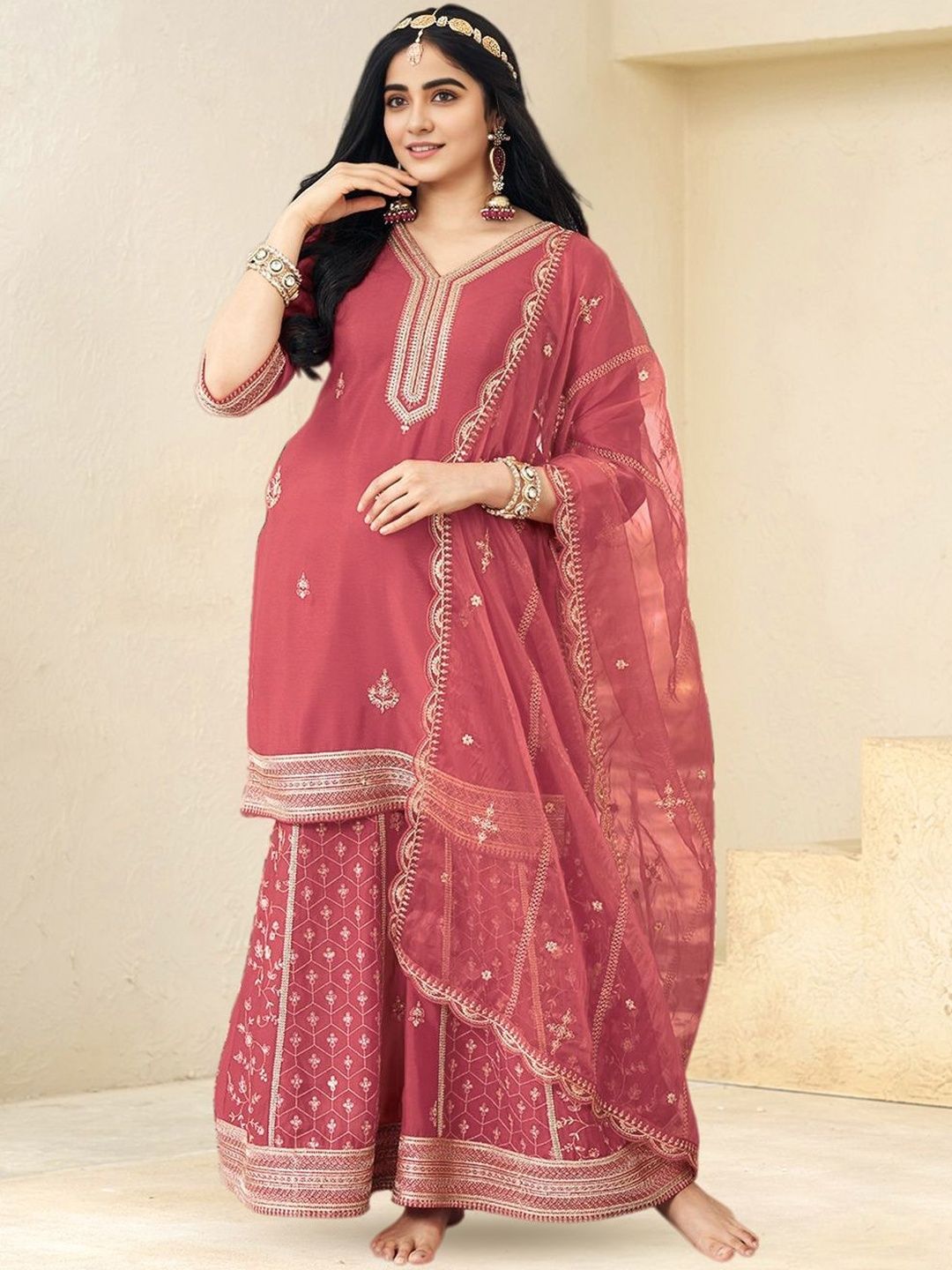 Dhiyona CH Ethnic Motifs Embroidered V-Neck Straight Kurta With Sharara & Dupatta