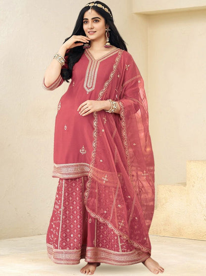 Dhiyona CH Ethnic Motifs Embroidered V-Neck Straight Kurta With Sharara & Dupatta