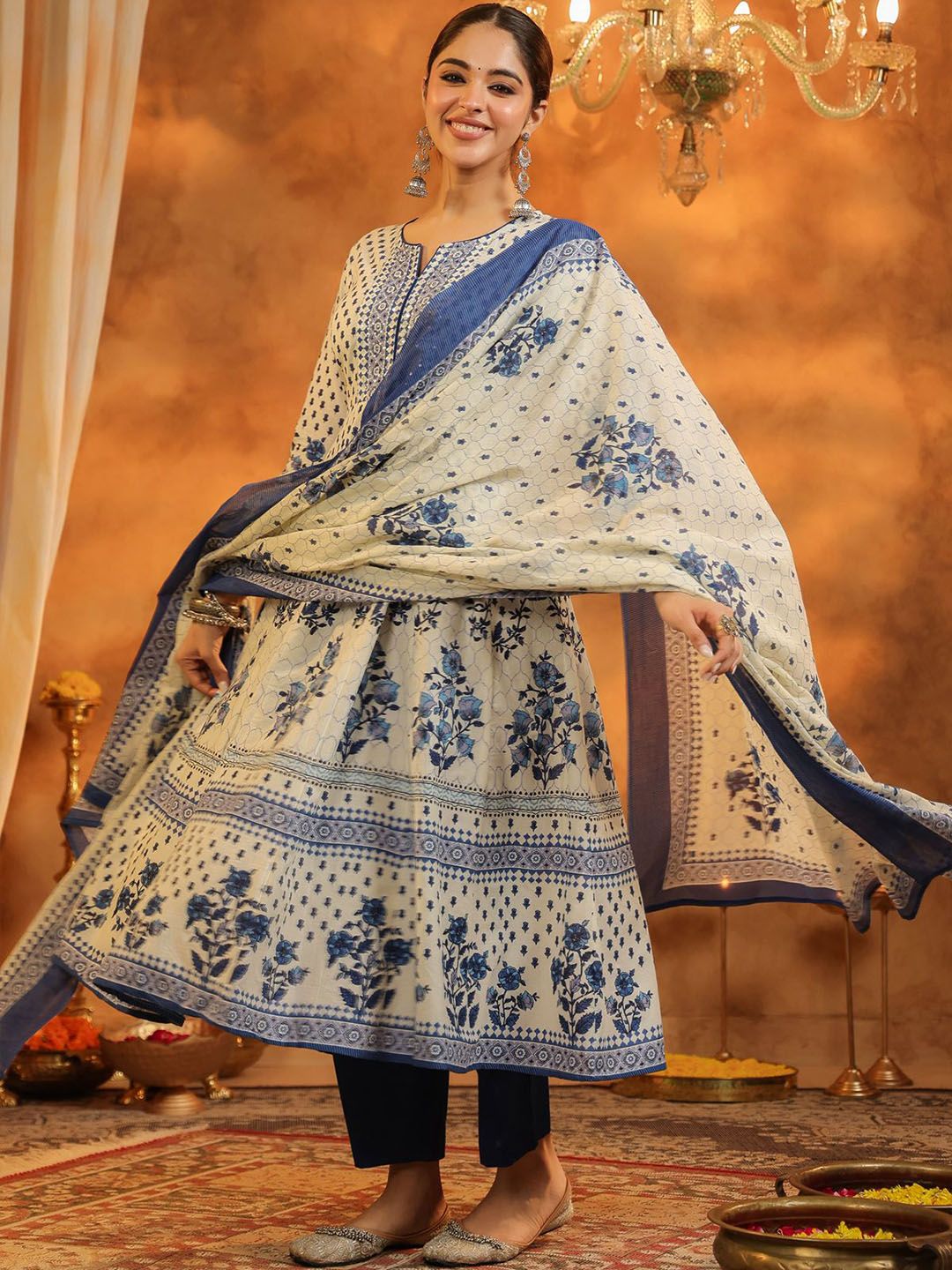 Dhiyona RR Women's Floral Printed Pure Cotton Kurta With Trousers & Dupatta