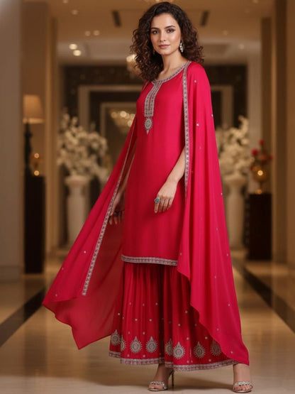 Dhiyona KL Women Ethnic Motifs Embroidered Regular Thread Work Kurta with Sharara & With Dupatta