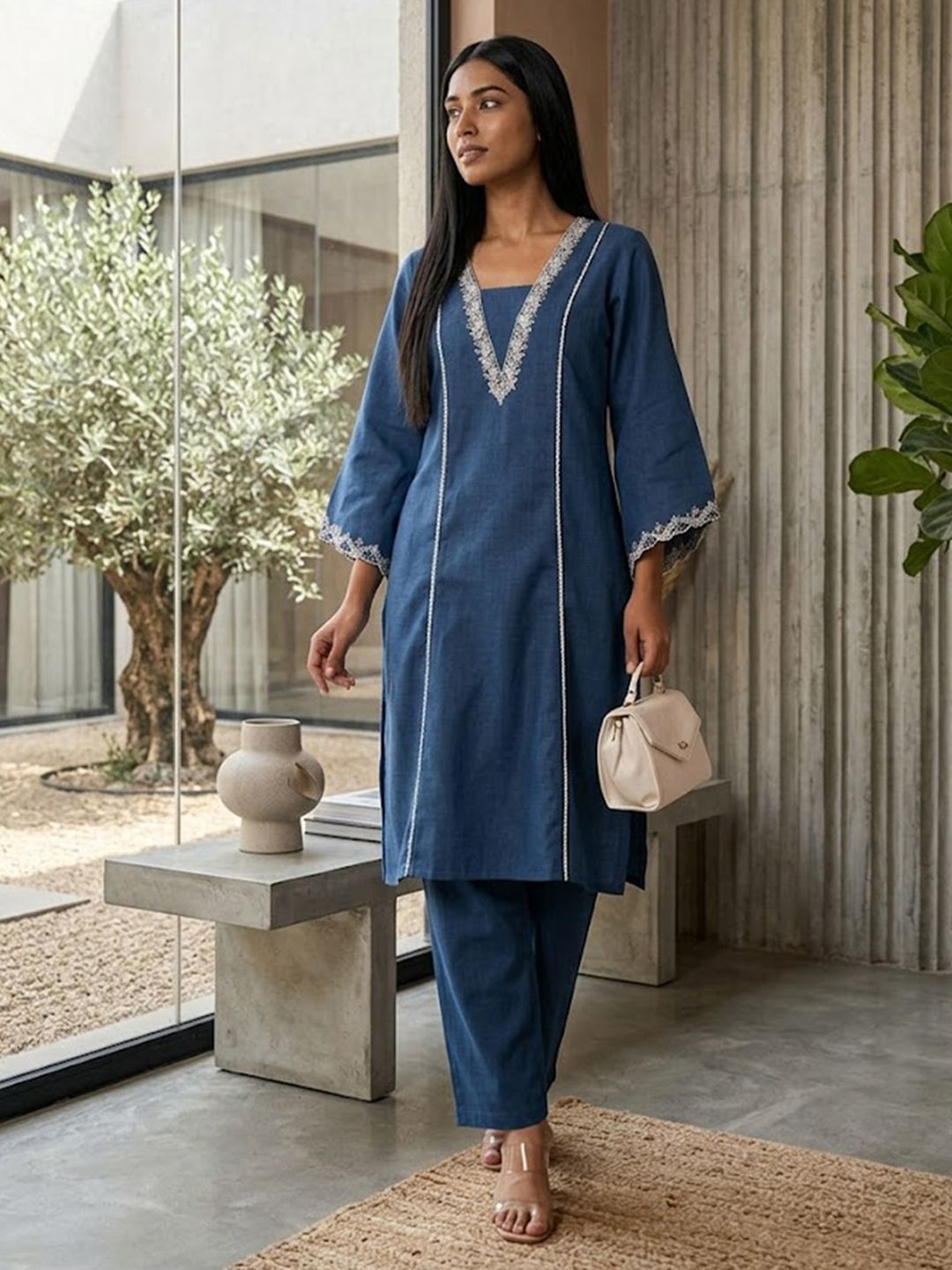 Navy Blue Navy Blue and White Square Neck Floral Embroidered Top With Trouser