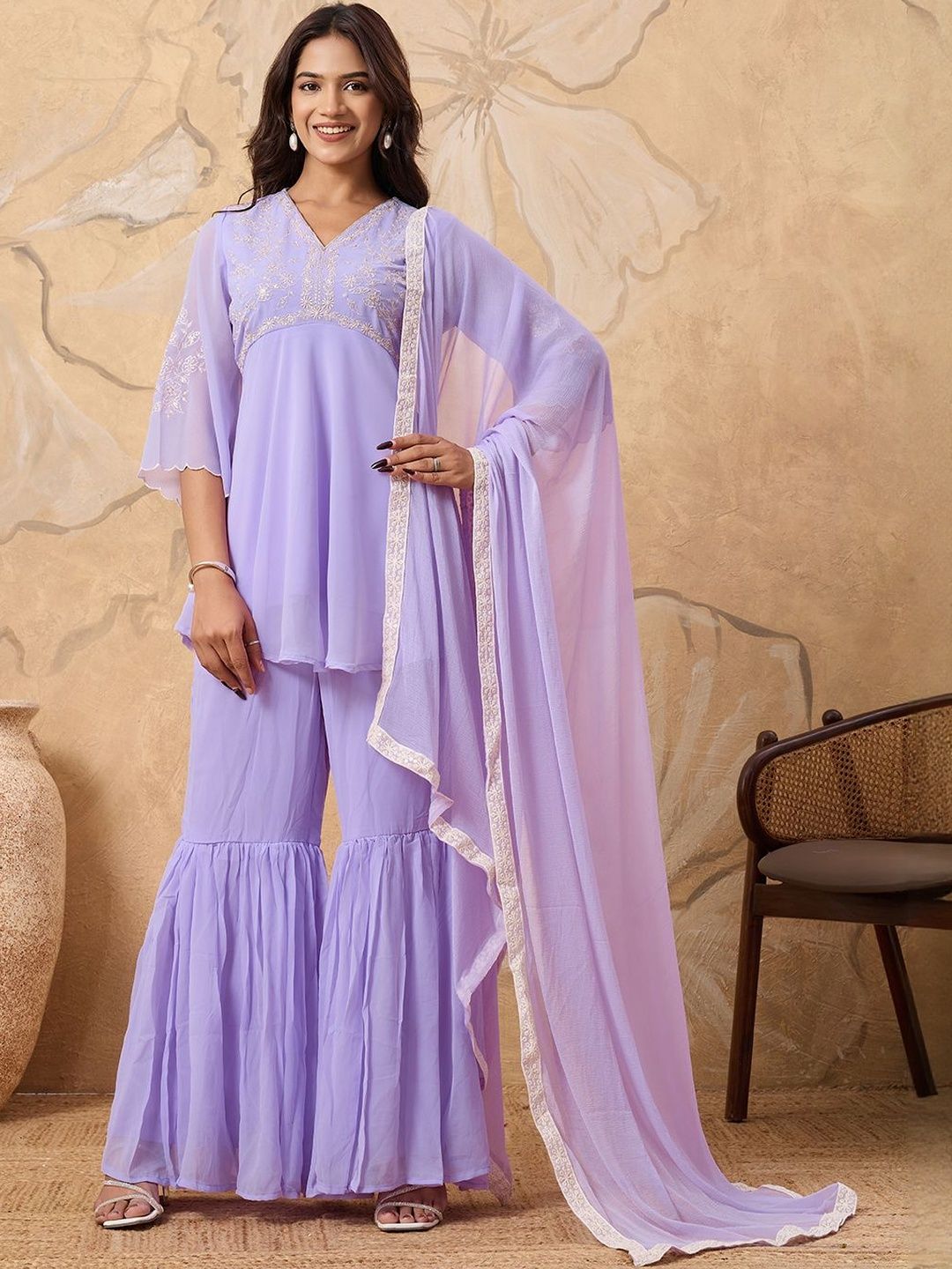 Dhiyona HOP Women Floral Embroidered A-Line Kurta with Sharara & Dupatta