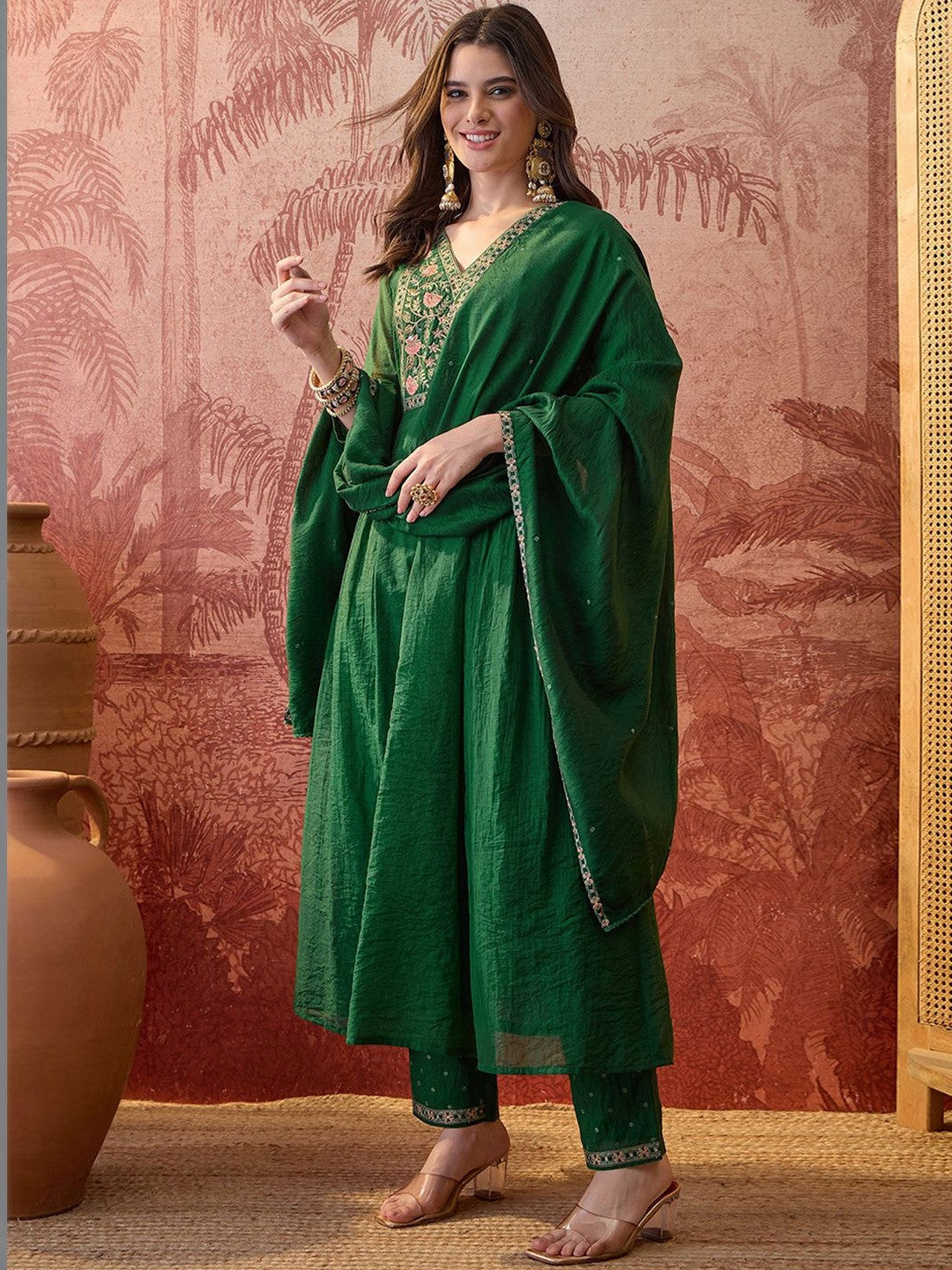 Embroidered V-Neck Kurta & Trousers Kurta Set