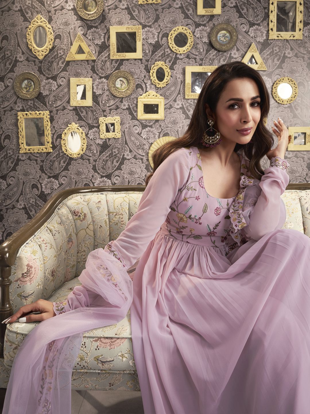 Dhiyona IN Pink Floral Embroidered Square Neck Georgette A-Line Kurta with Palazzo & Dupatta