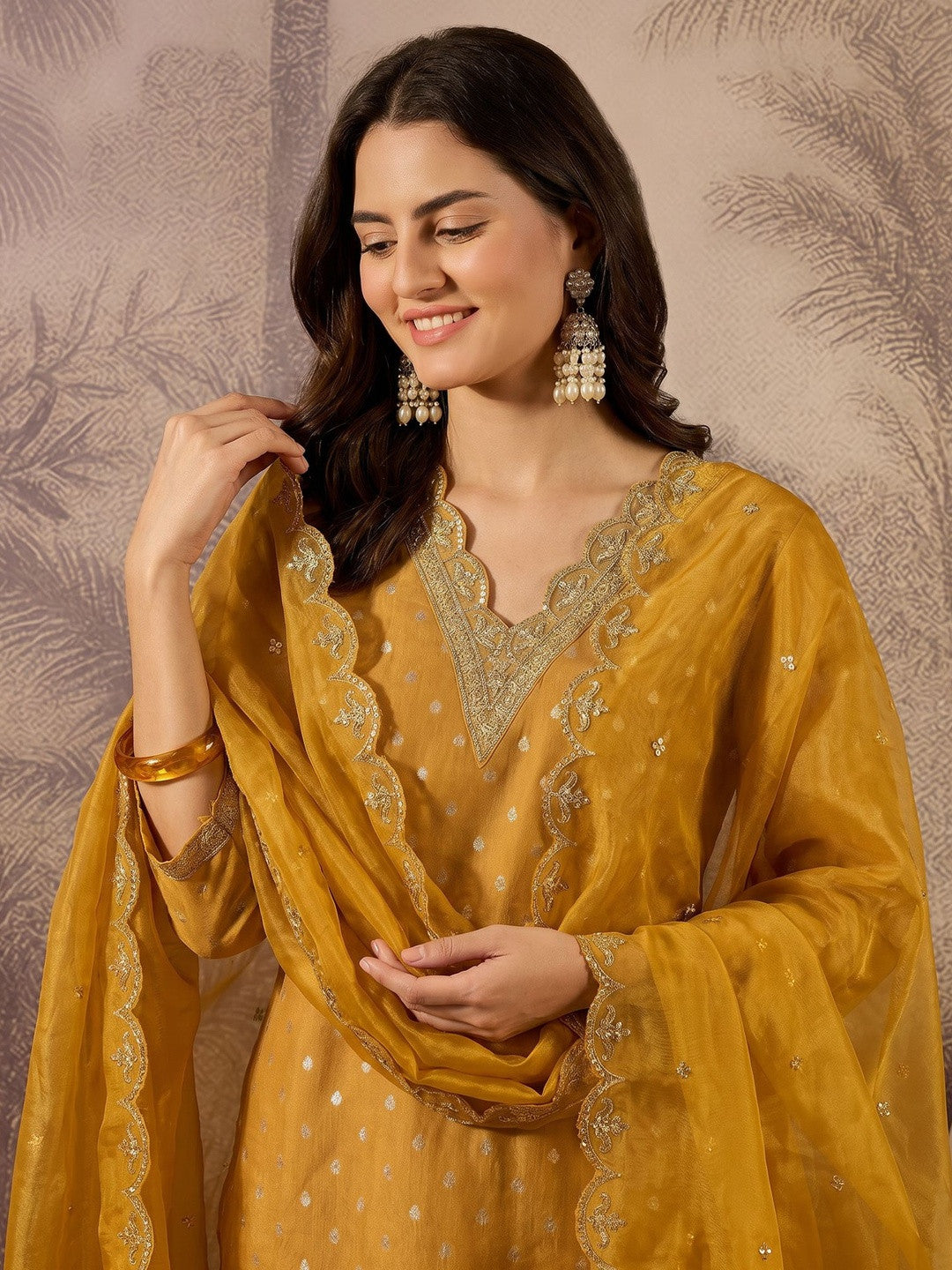 Embroidered Cotton V-Neck Kurta & Trousers With Dupatta