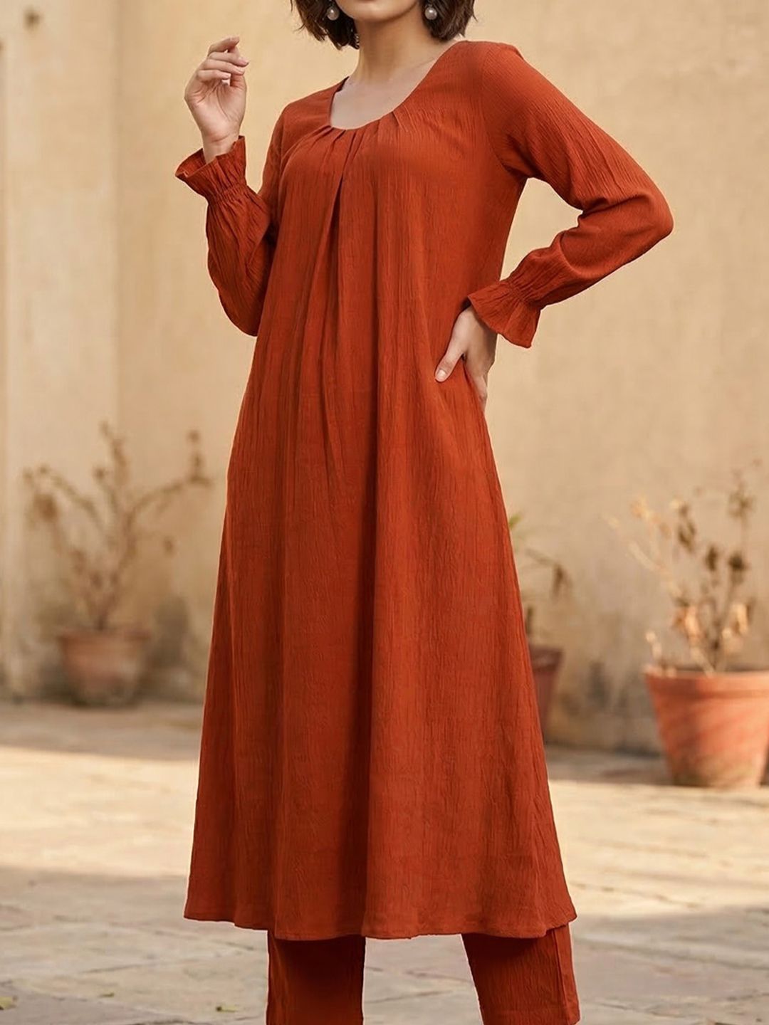 Rust Rust A Line Balloon Sleeve Kurta with Trouser