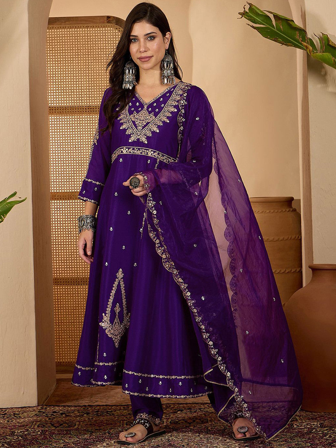 Women Zari Sequence Embroidered A-Line Kurta & Trousers With Dupatta