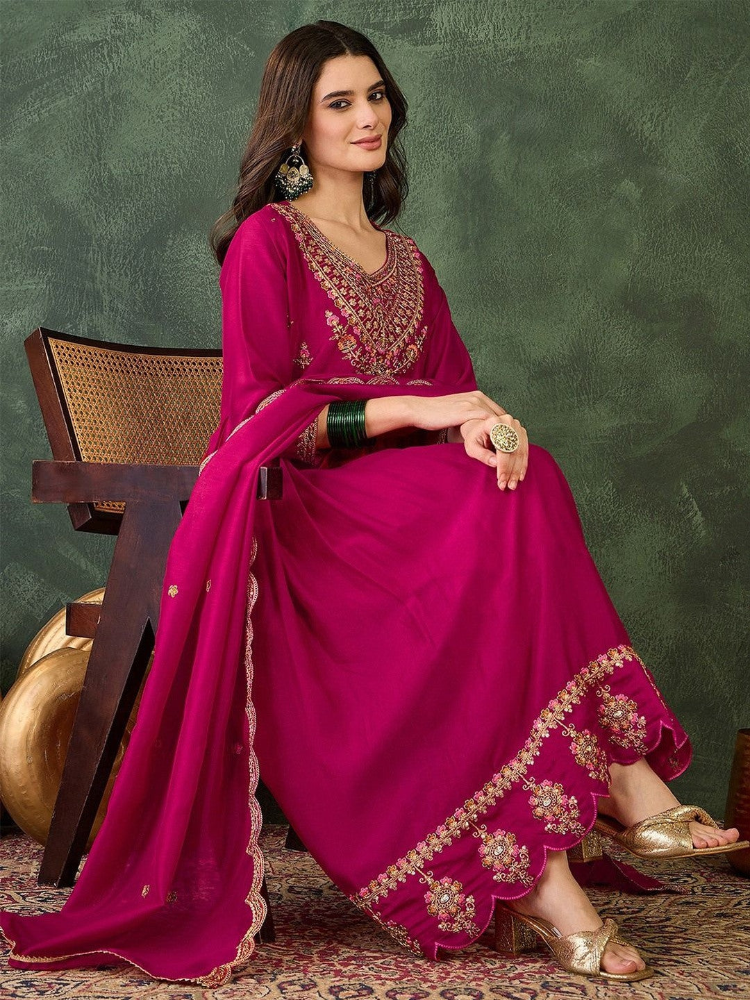 Embroidered V-Neck Kurta Trousers & Dupatta