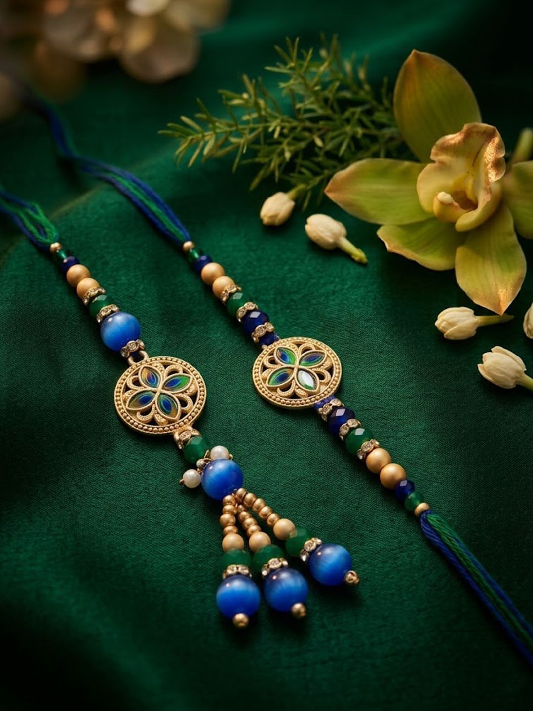 Dhiyona Set Of 2 Blue Artificial Beads Morpankh Style Bhaiya Bhabhi Rakhi With Roli Chawal