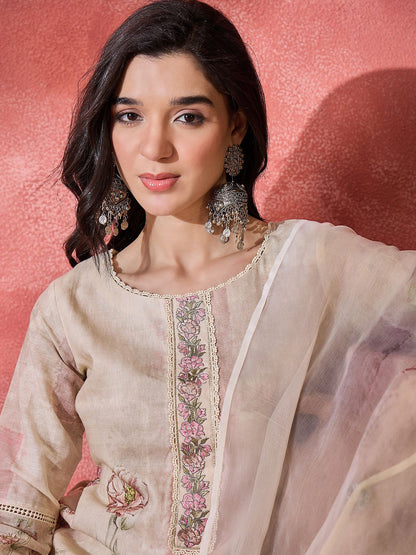 Floral Printed Thread Work Straight Kurta With Trouser & Dupatta