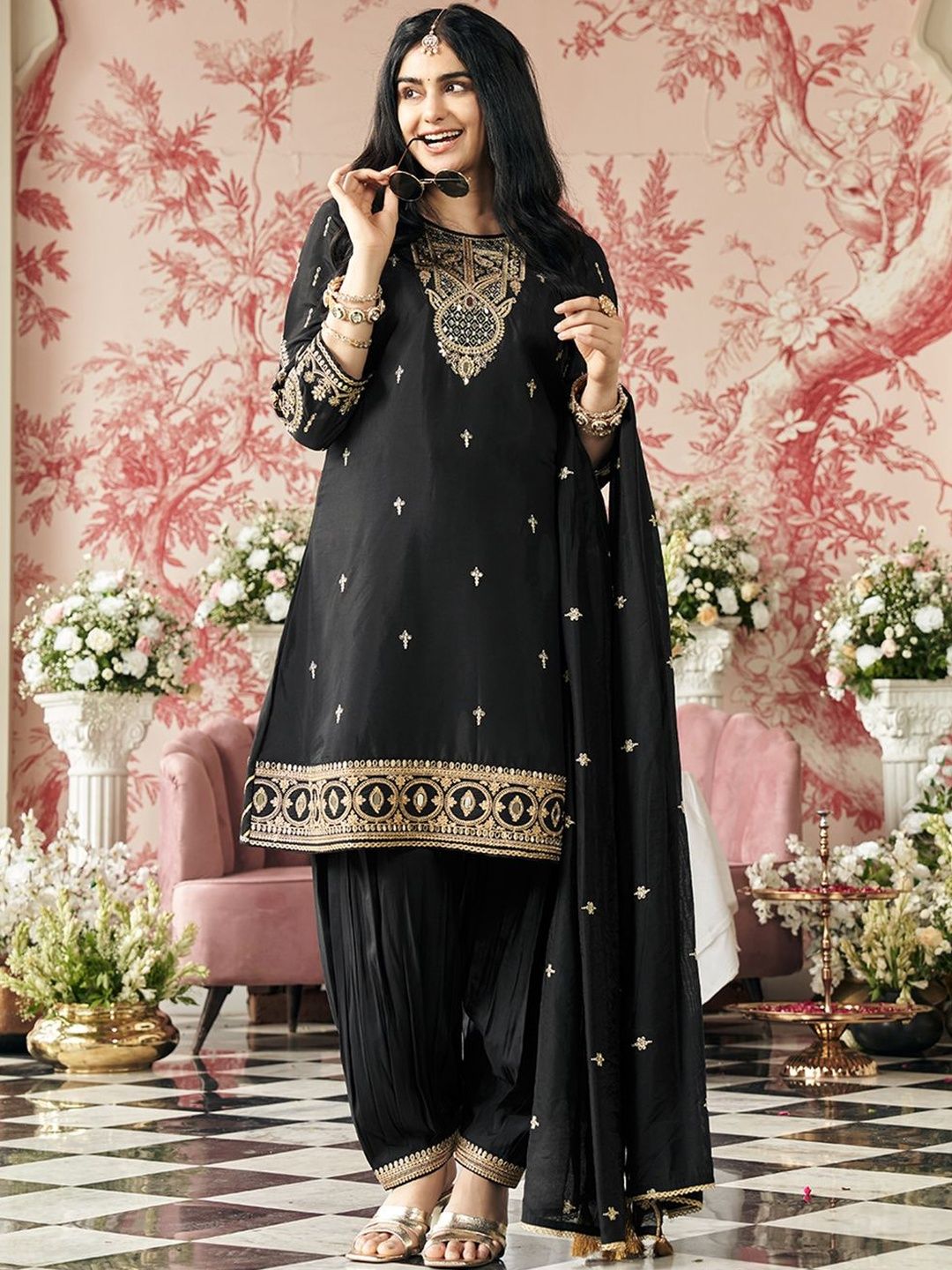 Dhiyona CH Floral Embroidered Straight Sequinned Kurta With Dhoti Pants & Dupatta