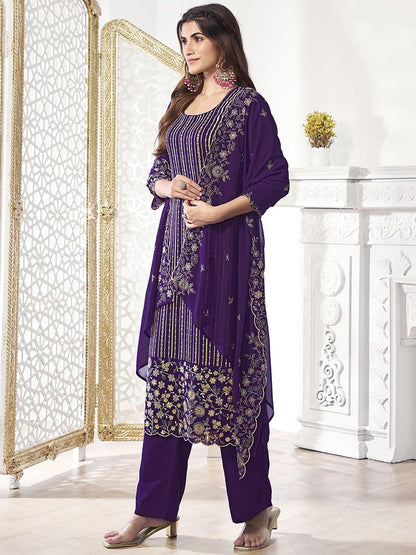 Dhiyona IN Women Floral Thread Sequinned Embroidered Kurta, Palazzos & Dupatta Set