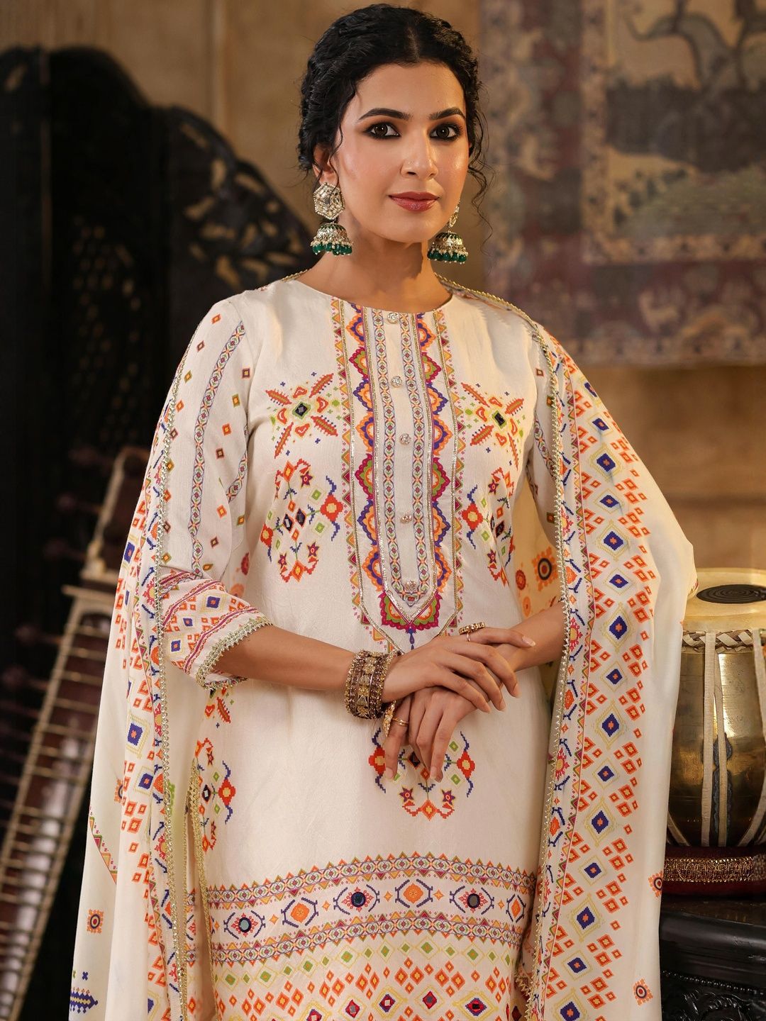 Dhiyona SC Women Ivory Printed Patola Mirror Work Chanderi Silk Kurta & Sharara With Dupatta