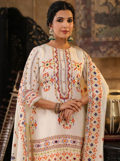 Dhiyona SC Women Ivory Printed Patola Mirror Work Chanderi Silk Kurta & Sharara With Dupatta