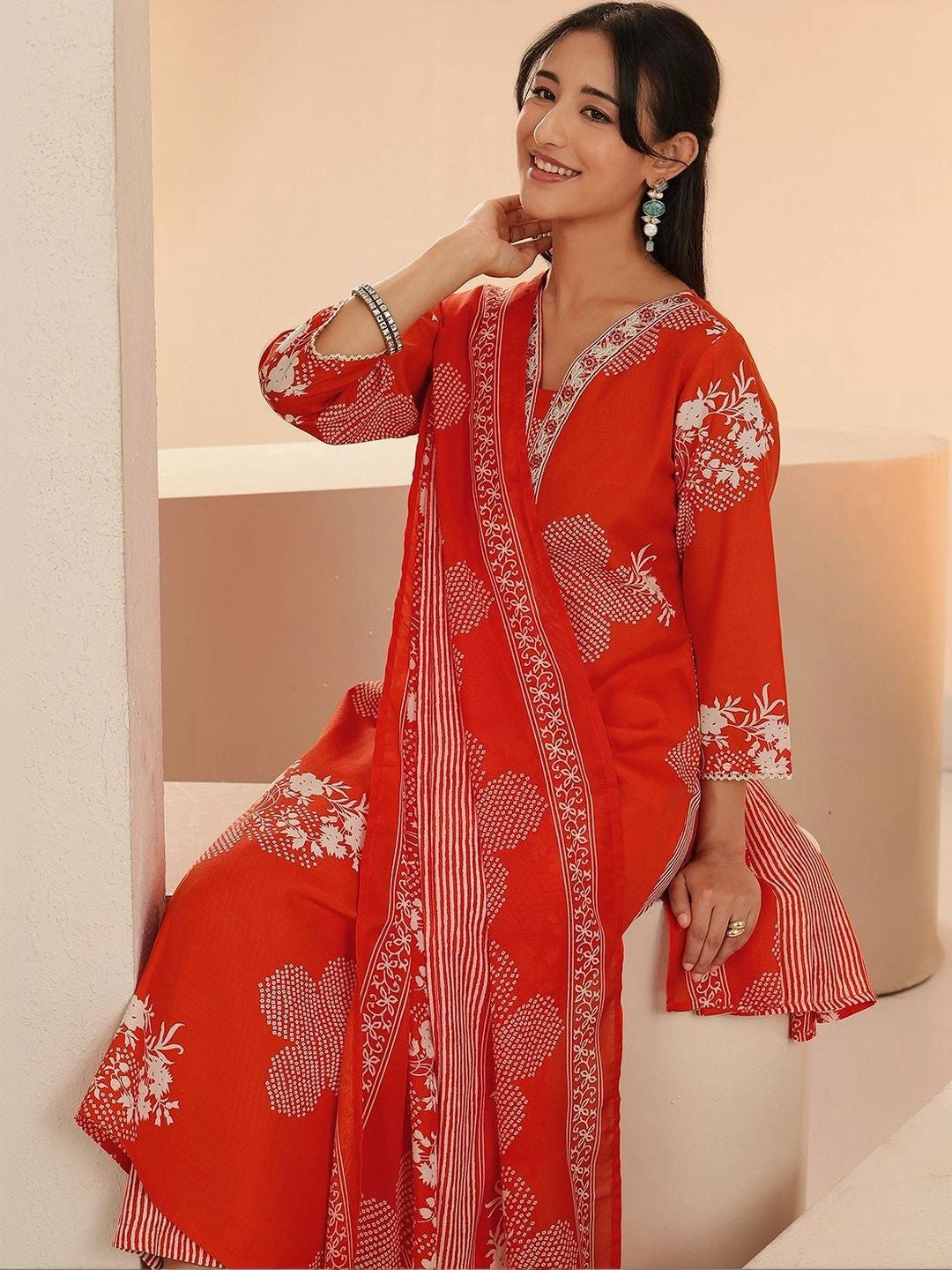 Orange Bandhani Printed Cotton Blend Straight Suit Set