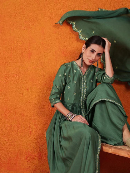 Dhiyona SN Embroidered Kurta With Palazzos & Dupatta