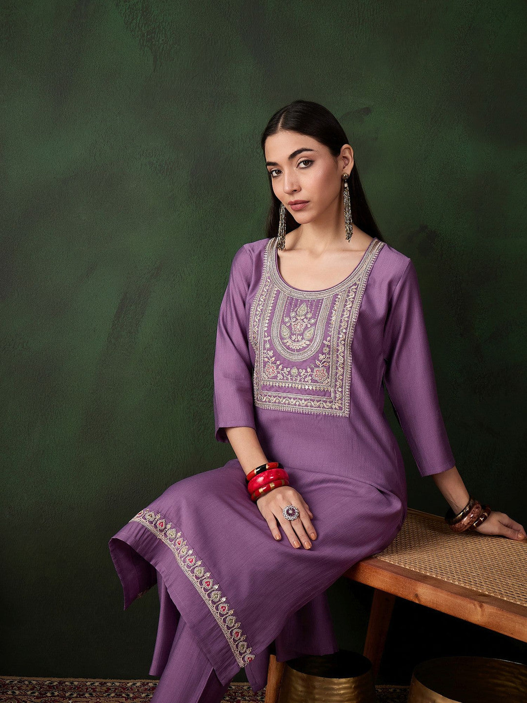 Dhiyona SN Floral Zari Embroidered Straight Kurta and Trouser
