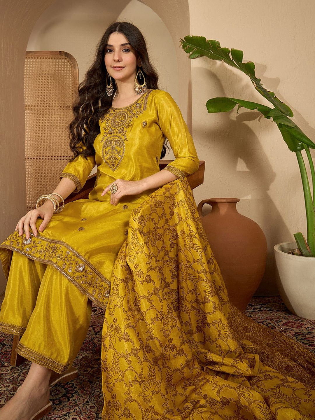 Zari Sequence Thread Embroidered Kurta With Trousers & Dupatta