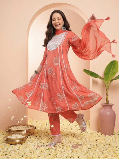 Floral Print Thread Work Kurta with Trouser & Dupatta