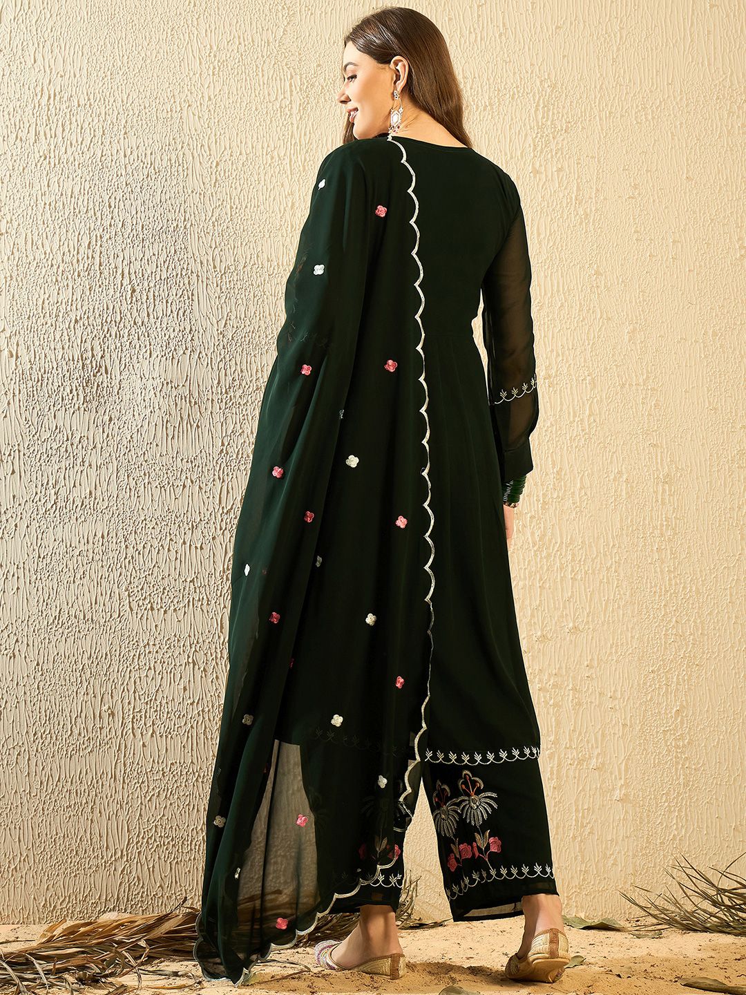 Dhiyona KL Floral Embroidered Thread Work Georgette Anarkali Kurta With Palazzo & Dupatta
