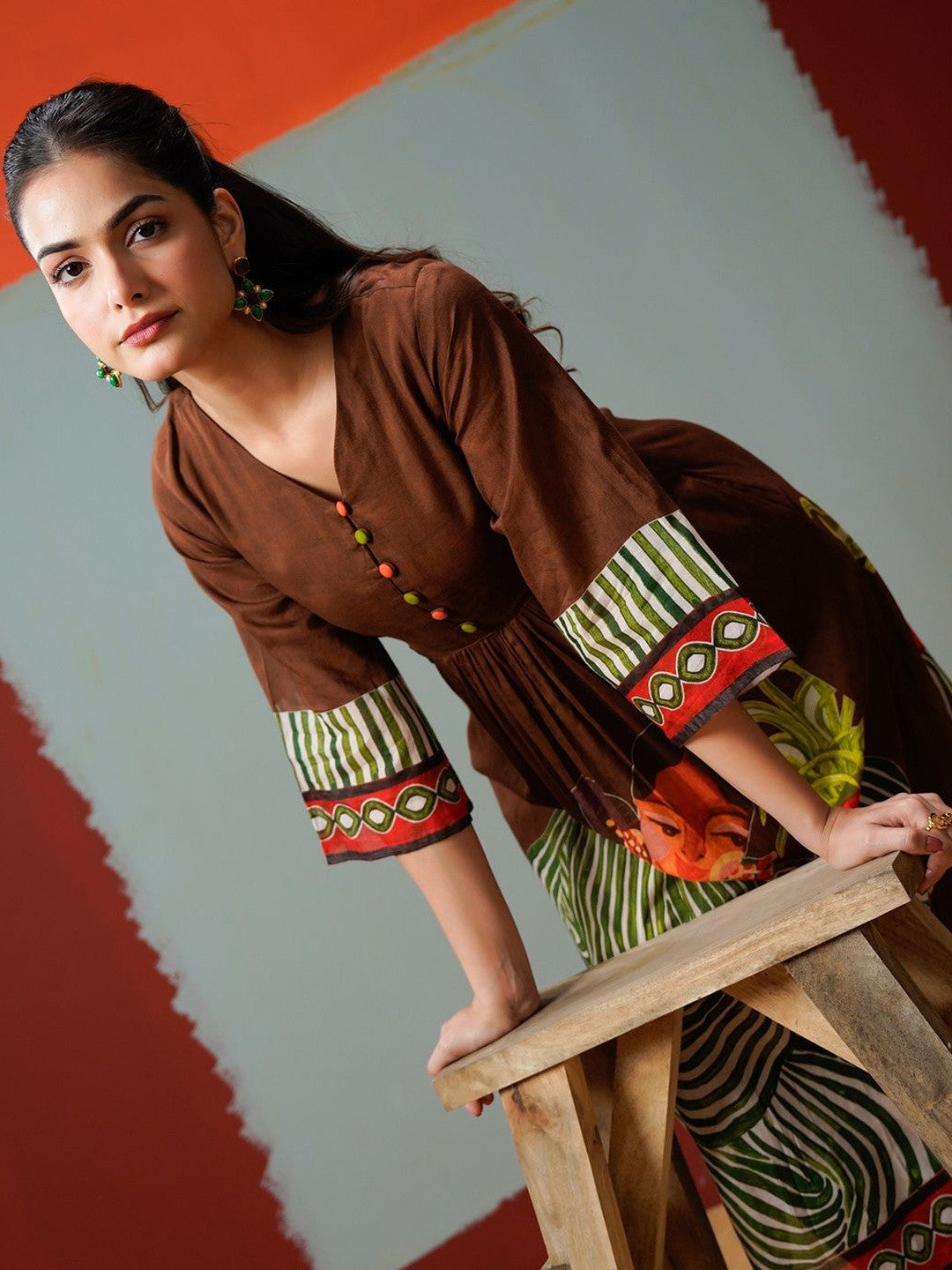 Brown Printed A-line Kurta Trousers Set