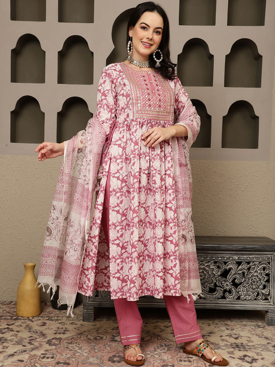 Mauve Floral Embroidered Pure Cotton Sequinned Kurta Kurta With Trousers & Dupatta