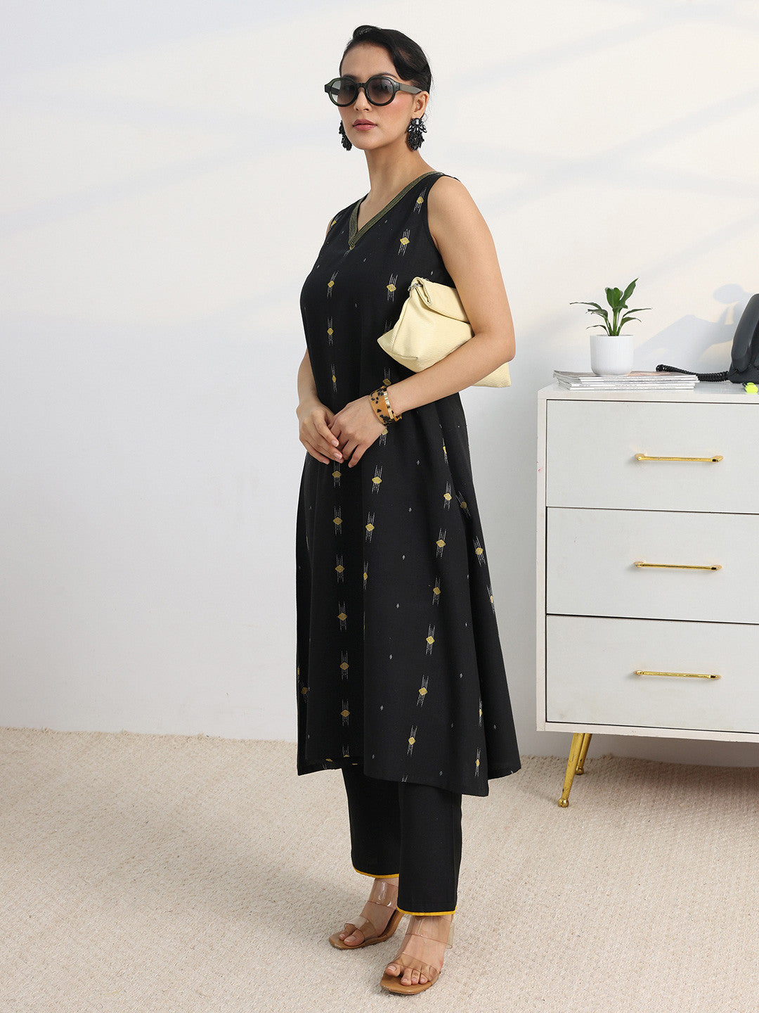 Libas Black Woven Design A-Line Kurta Set